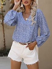 economico Top Grafici da Donna-Per donna Camicia Blusa Floreale Informale Manica lunga A V Top regolari Giornaliero Stampa Blu Verde Autunno Inverno