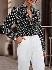 preiswerte Elegante Oberteile-Damen Hemd Bluse Punkt Brautkleider schlicht Langarm Rollkragen Normale Oberteile Täglich Rüsche Patchwork Knopf Schwarz Braun Herbst Winter
