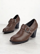cheap Block Heels-Women&#039;s Faux Leather Buckle Strap Heeled Shoes – Stylish Block Heels for Casual and Office Wear