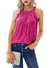 cheap Tank Tops &amp; Camis-Women&#039;s Camisole Tank Top Camis Solid Color Sexy Casual Sleeveless Halter Neck Regular Tops Party Sequins Wine Fuchsia Gold Summer