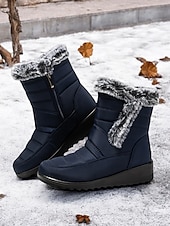 baratos Botas de neve e inverno-botas de neve femininas de inverno azul marinho com forro de pele sintética – botas quentes à prova d&#039;água e antiderrapantes