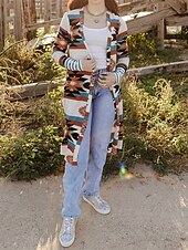 abordables Manteaux 3D-Veste décontractée Femme Extérieur Plein Air Usage quotidien Style Ethnique Style vintage Décontractées Imprimer Longue Manteau Rose Claire Vert Automne Hiver Ouvrir le devant Sans col Standard S M L