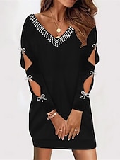 preiswerte schwarzes Minikleid-Damen schwarzes kleid Minikleid Patchwork Kalte Schulter Brautkleider schlicht V Ausschnitt Langarm Schwarz Farbe