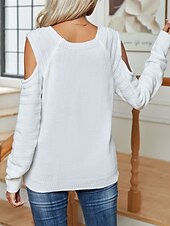 billige Solide farger-Dame Genser Pullover genser Fritid Myk Ren farge Kabel Crew-hals Knapper Strikket Kald skulder Langermet Vanlige topper Strikke utendørs Daglig Helg Hvit Fuksia Høst Vinter