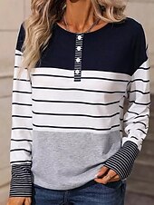 billige Stripe og geometrisk t-skjorte-Dame T skjorte Stripet Mote Moderne Fritid Langermet Crew-hals Vanlige topper Daglig Helg Knapper Trykt mønster Hvit Høst Vinter