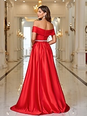 economico ROSSO-Abito da sera A-Line elegante abito formale strascico  spazzola copertura maniche lunghe off-shoulder tasca satin con strass