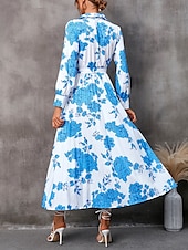 preiswerte Kleider für die Arbeit-Damen Blumen V-Ausschnitt Midikleid Langarm Frühling Herbst