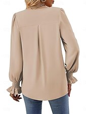 preiswerte Damen Arbeitsoberteile-Damen Hemd Glatt Modisch Modern Brautkleider schlicht Langarm V Ausschnitt Normale Oberteile Täglich Wochenende Rüsche Rote Grün Khaki Herbst Winter