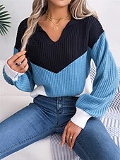 billige Grafiske mønstre og detaljer-Dame Genser Pullover genser Fritid Myk Fargeblokk Riflet V-hals Strikket Langermet Vanlige topper Strikke utendørs Daglig Helg Blå Kakifarget Høst Vinter
