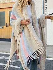 cheap Coats &amp; Trench Coats-Women&#039;s Cloak / Capes Outdoor Street Daily Wear Fall Winter Regular Coat Regular Fit Thermal Warm Breathable Stylish Casual Jacket Long Sleeve Stripe Faux Fur Trim Khaki Apricot Gray