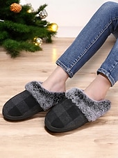 ieftine Flip-Flops de Damă-papuci de damă în carouri căptușiți cu lână - pantofi de casă roșii și negri, în carouri de bivol, cu guler de blană artificială pentru confortul iernii