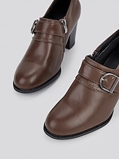 cheap Block Heels-Women&#039;s Faux Leather Buckle Strap Heeled Shoes – Stylish Block Heels for Casual and Office Wear
