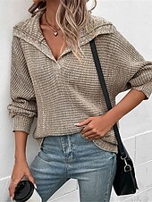 cheap Solid Colors-Women&#039;s Sweater Pullover Sweater Jumper Casual Soft Solid Color Ribbed Hooded Knitted Long Sleeve Regular Tops Knit Outdoor Daily Weekend Khaki Fall Winter
