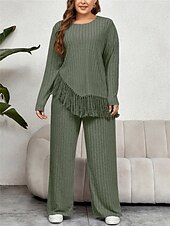 abordables grande taille deux pièces-Femme Grande taille Hauts T shirt Tee Ensemble Couleur unie Franges manche longue Col Ras du Cou Décontractées du quotidien Polyester Automne Hiver Fuchsia Vert
