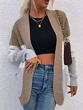 billige Åpen front cardigan-Dame Genser Kofte Fritid Myk Fargeblokk Riflet Åpen Forside Lomme Strikket Langermet Vanlige topper Strikke utendørs Daglig Helg Blå Kakifarget Høst Vinter
