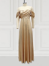 cheap CHAMPAGNE-A-Line Evening Gown Elegant Dress Formal Sweep / Brush Train Long Sleeve One Shoulder Pocket Satin with Glitter