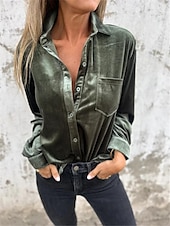 voordelige Elegante topjes-Dames Overhemd Blouse Effen Kleur Basic Casual Lange mouw Overhemdkraag Normale tops Dagelijks Knop Fuchsia Bruin Groen Herfst Winter
