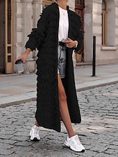 cheap Cardigans &amp; Outerwears-Women&#039;s Sweater Cardigan Casual Soft Pure Color Ribbed Open Front Tassel Knitted Long Sleeve Long Tops Knit Outdoor Daily Weekend Black Khaki Fall Winter