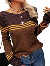 billige Grafiske mønstre og detaljer-Dame Genser Pullover genser Fritid Myk Stripet Riflet Crew-hals Lapper Strikket Langermet Vanlige topper Strikke utendørs Daglig Helg Rosa Oransje Høst Vinter