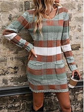 preiswerte Strickkleider-Damen kariertes Maxikleid mit V-Ausschnitt, lange Ärmel, Frühling/Herbst