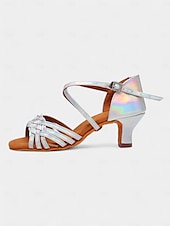 cheap Latin Shoes-Women&#039;s Silver Holographic Dance Sandals with Soft Suede Sole, Cross-Strap Design and Low Heel - Ideal for Salsa, Latin, and Ballroom Dancing