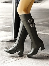 abordables Bottes à la mode-bottes blanches hautes pour femmes avec détail à double boucle – bottes à talon bloc élégantes pour les tenues d&#039;hiver et décontractées