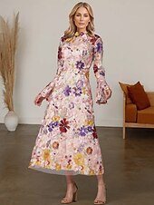 cheap Floor Length-Beach Wedding A-Line Mother of the Bride Dress Formal Wedding Guest Elegant High Neck Ankle Length Tulle Long Sleeve with Embroidery Flower 2025 free custom size