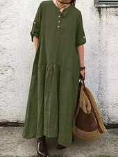 abordables Robes-Femmes Vert militaire bleu marine Kaki Printemps Automne Robe maxi Robes inspirées du lin Élégant Mode Bureau Coupe Ample Col en V