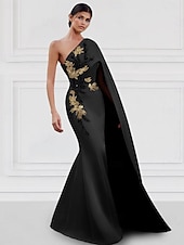 cheap BLACK-Black Tie Mermaid Evening Gown Elegant Dress Formal Floor Length Long Sleeve One Shoulder Capes Satin with Embroidery Appliques 2025