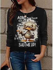 abordables T-shirt Humor &amp; Citations-T-shirt tunique femme lettre mode décontractée manches longues col rond tops réguliers quotidienne imprimé noir blanc jaune printemps automne