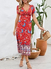 abordables Robes Bohémiennes-Femme Robe mi-longue Robe casual Robe Évasée Robe Trapèze robe boheme Bohême Décontractées du quotidien Standard Floral Manche Courte Col V Rouge Bleu Fuchsia Eté Printemps