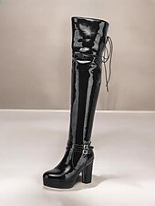levne Módní boty-dámské lakované boty na gogo platformě po stehna z umělé kůže – elegantní design nad kolena s blokovými podpatky a detaily přezky, ideální na večírky a módní prohlášení