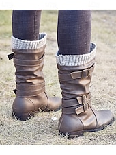 tanie Buty typu slouch-damskie buty ze skóry ekologicznej do połowy łydki z dzianinowym mankietem i podwójnymi paskami ze sprzączką – wygodne i stylowe obuwie zimowe