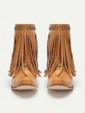 tanie Kowboj i zachodnie buty-czarne botki damskie w stylu western z frędzlami i ćwiekami – modne obuwie inspirowane stylem boho na festiwale i na co dzień