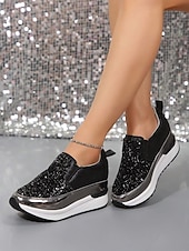 billige Sneakers til kvinner-svarte slip-on joggesko for kvinner med glitterpynt og plattformsåle – stilige fritidssko for hverdagsbruk