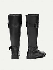 cheap Fashion Boots-Women&#039;s Black Knee-High Riding Boots with Buckle Straps and Low Heel – Classic Equestrian Style Boots for Everyday and Outdoor Wear