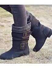 tanie Buty typu slouch-damskie buty ze skóry ekologicznej do połowy łydki z dzianinowym mankietem i podwójnymi paskami ze sprzączką – wygodne i stylowe obuwie zimowe
