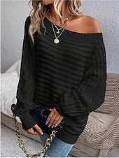 cheap Solid Colors-Women&#039;s Sweater Casual Soft Pure Color Ribbed Boat Neck Knitted Long Sleeve Regular Tops Knit Outdoor Daily Weekend Black White Fall Winter
