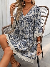 preiswerte Ausgefallene Kleider-Damen Minikleid Casual kleid Boho-Kleid Brautkleider schlicht Täglich Regular Fit Blumen 3/4 Ärmel V Ausschnitt Wein Blau Grün Sommer Frühling Herbst