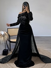 economico GIALLO-Abito da sera sagomato abito elegante formale strascico  spazzola maniche lunghe scollatura illusoria champagne madre della sposa abito in raso con perle sovraspettacolo