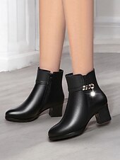 baratos Botas de tornozelo-botins femininos pretos - couro sintético com forro de pelúcia, zíper lateral e salto bloco para moda de inverno e uso casual
