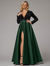 preiswerte SCHWARZ-Ballkleid Abendkleid Elegantes Kleid Hochzeitsgast Geburtstag bodenlang langärmlig V-Ausschnitt Taschensatin mit Pailletten-Tasche