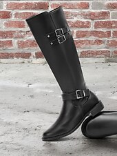 cheap Fashion Boots-Women&#039;s Black Knee-High Riding Boots with Buckle Straps and Low Heel – Classic Equestrian Style Boots for Everyday and Outdoor Wear