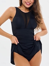 billiga Badessor-Damernas badkläder simklänningar en del monokini tankini baddräkt nät rygglös mage kontroll hög midja semester strandkläder enfärgad rund hals ärmlösa baddräkter