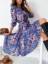 preiswerte Ausgefallene Kleider-Damen Midikleid Casual kleid Schaukelkleid A Linie Kleid Boho-Kleid Brautkleider schlicht Täglich Regular Fit Blumen Langarm V Ausschnitt Schwarz Gelb Rote Purpur Frühling Herbst