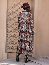 cheap Print Coats-Women&#039;s Maxi Dress Boho Dress Graphic Geometric Vintage Casual Daily Date Vacation Loose Long Sleeve Shirt Collar Dress Regular Fit Black Fall Winter S M L XL