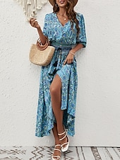 abordables Robes Bohémiennes-Femme Robe Maxi Robe casual Robe Évasée Robe Trapèze robe boheme Décontractées du quotidien Standard Floral Cachemire Demi Manches Col V Bleu Marron Eté Printemps Automne