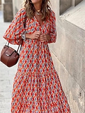 ieftine Rochii casual florale-rochie maxi dama cu decolteu in V geometric cu maneca 3/4 vara primavara