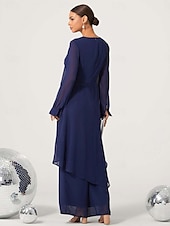 olcso Kétrészes készletek-női esküvői vendég jumpsuit elegáns sötétkék hosszú áttetsző ujjú széles láb elegáns esti parti viselet kerek nyakkivágás tavasz nyár ősz