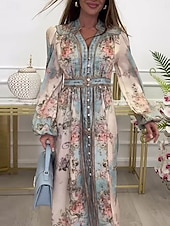 billige Elegante blomsterkjoler-kvinners floral splitt hals maxi kjole langermet sommer våren